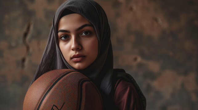 A Muslim young woman in a hijab with a basketball. Portrait of an Islamic woman doing sports in close-up. Photorealistic background with bokeh effect. 