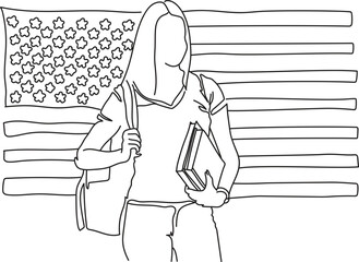 One continuous line drawing of female student standing with backpack on her back & holding  books in her hand. School, College & University concept. Single line drawing. vector graphic illustration.