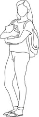 One continuous line drawing of female student standing with backpack on her back & holding  books in her hand. School, College & University concept. Single line drawing. vector graphic illustration.