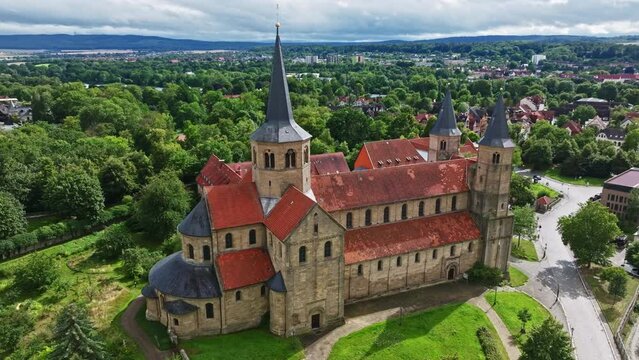 Aerial drone view of St. Godehard . It is a Catholic church in Hildesheim, Lower Saxony , Germany . Kath. Pfarrkirche Basilika St. Godehard . 