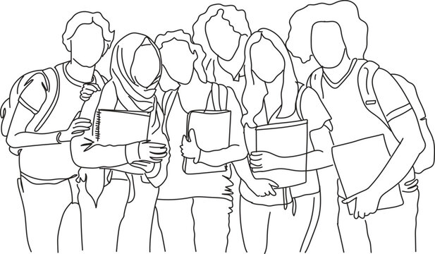 One continuous line drawing of female student standing with backpack on her back & holding  books in her hand. School, College & University concept. Single line drawing. vector graphic illustration.