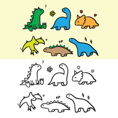 Cute Dinosaur Doodle set, tirex, rhinocheros, brontosaurus, pteranodon, animal vector illustration