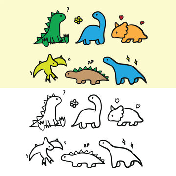 Cute Dinosaur Doodle set, tirex, rhinocheros, brontosaurus, pteranodon, animal vector illustration
