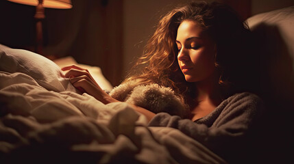 Auburn Woman Falling Asleep in a Bed Under Warm Light - Generative AI - obrazy, fototapety, plakaty