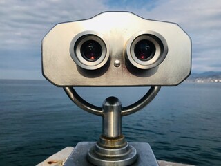 Tourist binocular over the blue sea. Adjara, Batumi, Georgia.