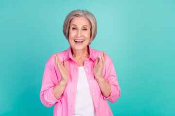 Photo portrait of friendly grandmother experienced business woman applauding her colleagues isolated on aquamarine color background