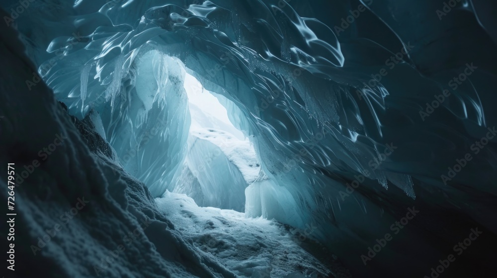 Poster explore the captivating beauty of an ice cave illuminated by a mesmerizing light at the end. perfect