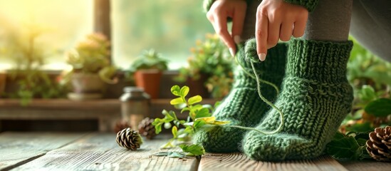 Creating a cozy atmosphere with a DIY knitting project of green socks on a wooden table.