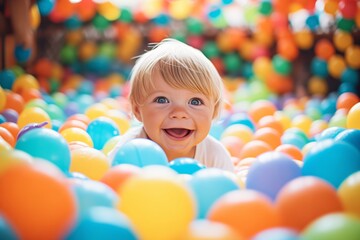 Fototapeta na wymiar toddler playing in a ball pit full of bright balls