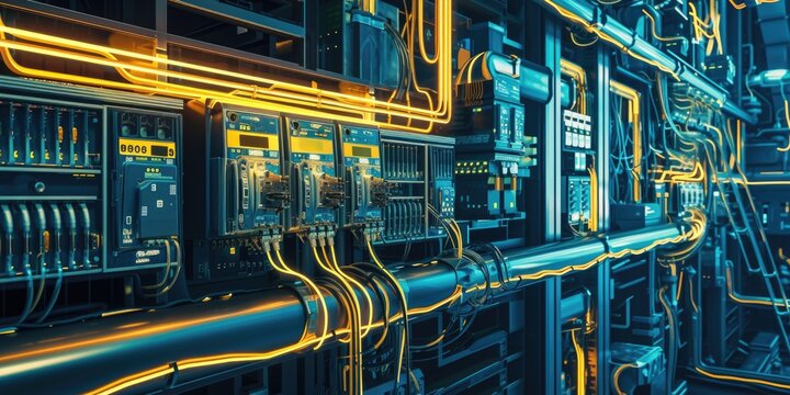 A collection of pipes and wires in a room. Suitable for industrial or construction-themed projects