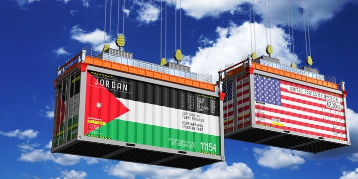 Shipping containers with flags of Jordan and USA - 3D illustration