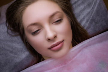 Portrait of cute girl before permanent eyebrow makeup procedure. PMU Procedure, Permanent Eyebrow...