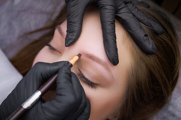 Application of markings with a pencil on the contour of the eyebrows before the procedure of...