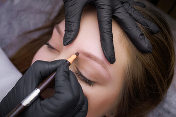 Application of markings with a pencil on the contour of the eyebrows before the procedure of permanent makeup. PMU Procedure, Permanent Eyebrow Makeup.