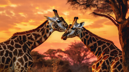 Two Giraffes in the Wild at Sunset - Generative AI