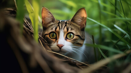 Naklejka na ściany i meble Curious Cat Peeking Through the Grass - Generative AI