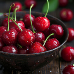 Close-up of a iron bowl of fresh red cherries, ai technology