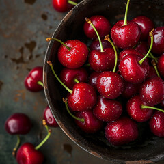 Close-up of a iron bowl of fresh red cherries, ai technology