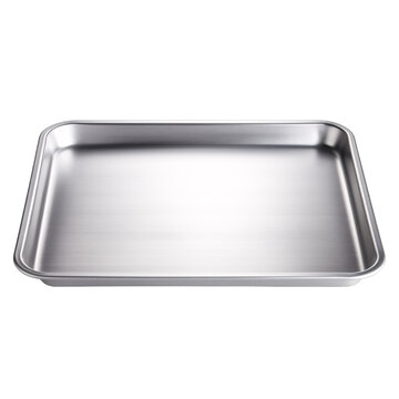 Empty rounded corner aluminium food serving tray perspective view on an isolated background