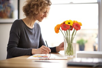 woman drawing on pad, vibrant gerberas in a transparent vase