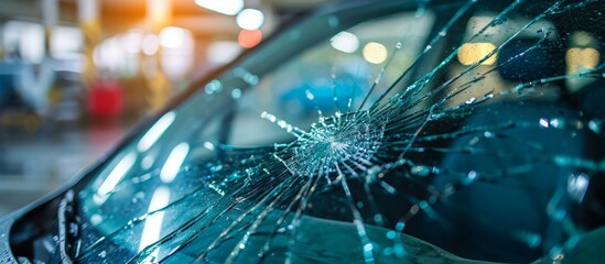 Car windscreen damaged at auto service station garage, selective focus. - obrazy, fototapety, plakaty