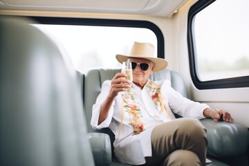 person sipping champagne in plush train seat