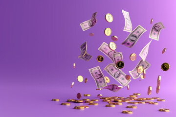 Bundles cash and floating coins around on purple background. money-saving, cashless society concept. 3d render illustration --ar 3:2 --v 6 Job ID: e5048ab9-d0d3-4c55-8198-94e6385643bd