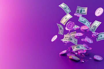 Bundles cash and floating coins around on purple background. money-saving, cashless society concept. 3d render illustration --ar 3:2 --v 6 Job ID: e5048ab9-d0d3-4c55-8198-94e6385643bd