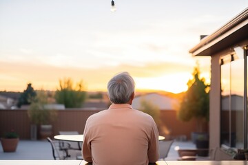 rear view of person on patio gazing at sunset, peaceful posture - obrazy, fototapety, plakaty
