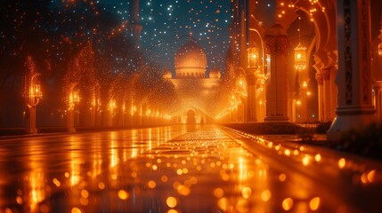 Rain-Soaked Street With Lights and Mosque in Background