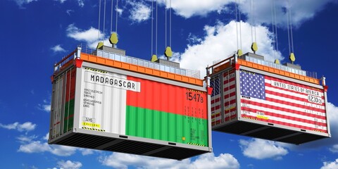 Shipping containers with flags of Madagascar and USA - 3D illustration