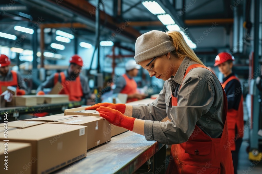 Poster a woman can be seen working diligently on boxes in a factory. this image can be used to showcase pro