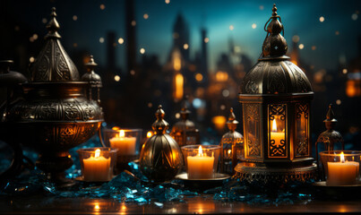 Enchanting Ramadan scene with crescent moon and traditional lantern casting a mystical glow amongst stars and clouds