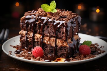 Delicious chocolate cake with dark chocolate icing, generative IA