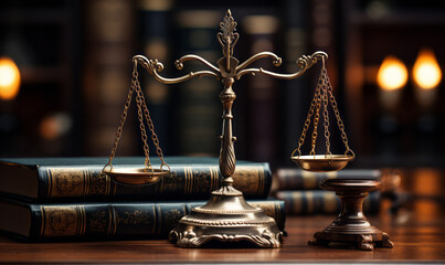 Symbol of law and justice, legal code, and balance scales on a wooden desk in a courtroom with warm, glowing light in the background creating an atmosphere of integrity and judgment