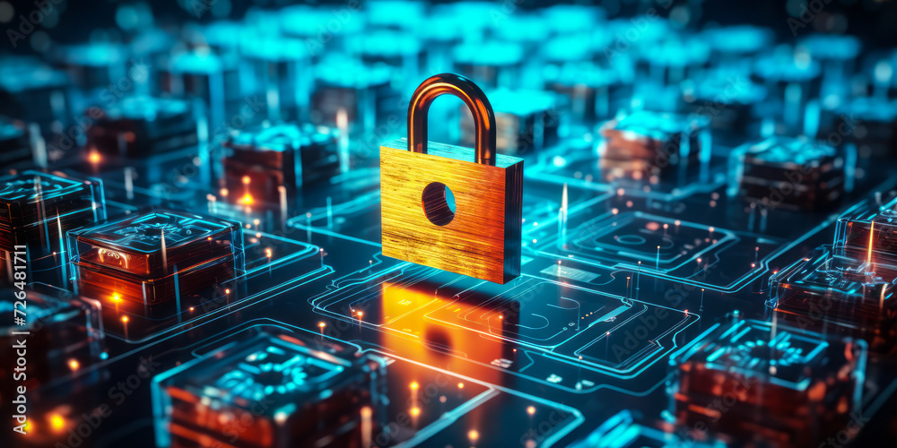 Poster digital lock with floating data blocks in a virtual reality space, representing online security, enc