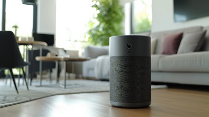 A smart speaker placed on top of a wooden floor. Ideal for technology and home automation concepts