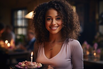 Happy African American woman holding a delicious birthday cake with blueberry and , generative IA