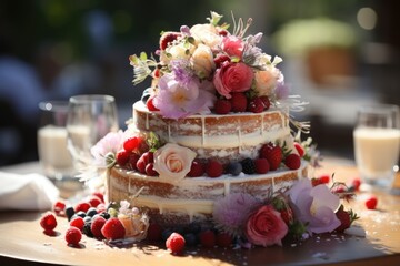Obraz na płótnie Canvas Selective focus photo of a delicious white wedding cake with red fruits, flowers a, generative IA