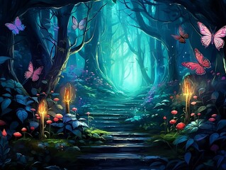 Fairy forest path with colorful butterflies