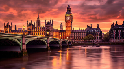 London's Iconic Big Ben and Westminster Bridge at Dusk - Generative AI - obrazy, fototapety, plakaty