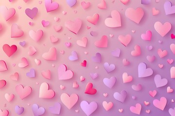 Valentine's Day background. Pastel pink background, scattered abstract hearts in varying shades of pink and lavender, creating a whimsical pattern