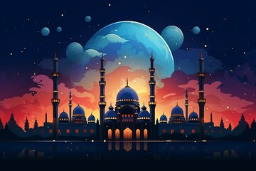 Ramadan Kareem greeting with Islamic city with mosque, crescent moon and stars on dark blue twilight sky and Crescent Moon on background, islamic religion Ramadan Eid al-Adha, Eid al-fitr.  - obrazy, fototapety, plakaty