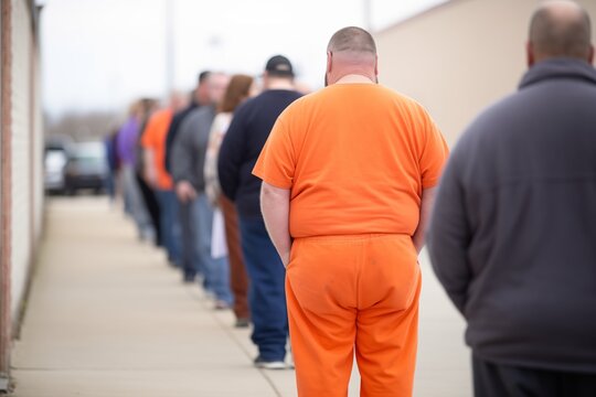 person in orange jumpsuit walking in line