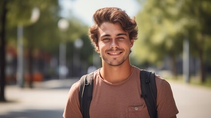 Charismatic young man posing outside the college, radiating a positive lifestyle.