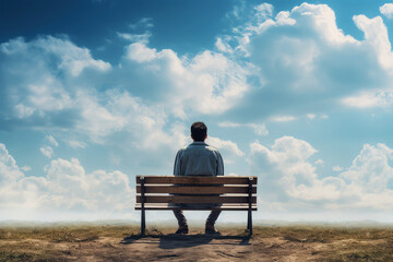 alone man sitting bench on background - obrazy, fototapety, plakaty