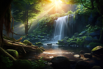 View of a beautiful and healthy forest waterfalls with sunset sun rays.