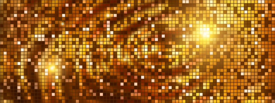 Luxury disco ball golden pattern with square mirror texture. Party bg with pailette mosaic. Abstract wallpaper. Vector illustration.