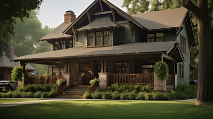 American craftsman style house architecture exterior design. Modern eco friendly passive house with green plants, green garden lawn