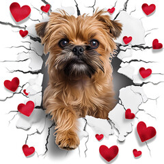 Cute brussel griffon climbing out of a broken wall surrounded by hearts on white background. For Valentine's Day celebration. Romantic holiday and pet concept. Funny animal for wallpaper, poster, card